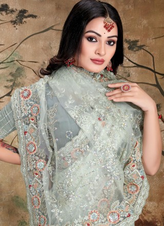 Net Embroidered Contemporary Saree in Grey