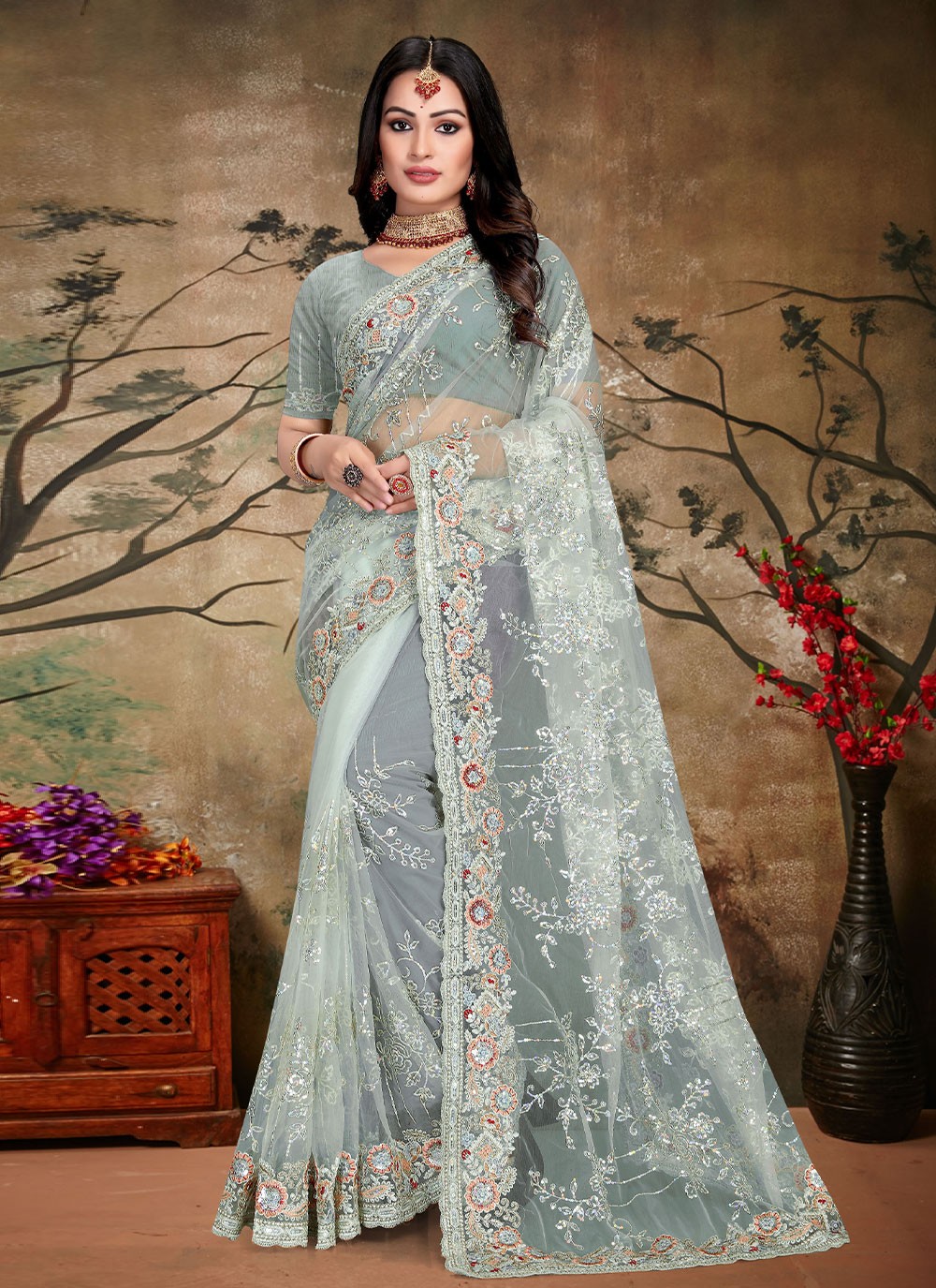 Grey Silk Patch Border and Embroidered Work Contemporary Saree for Women