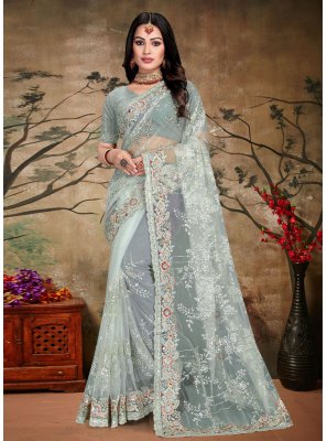 Net Embroidered Contemporary Saree in Grey