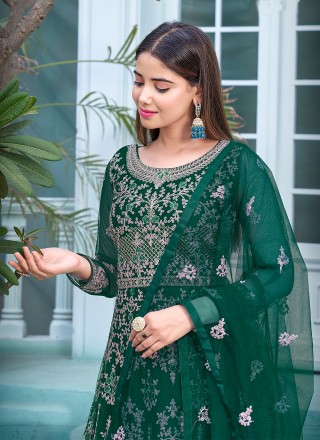 Net Embroidered Floor Length Salwar Kameez in Green