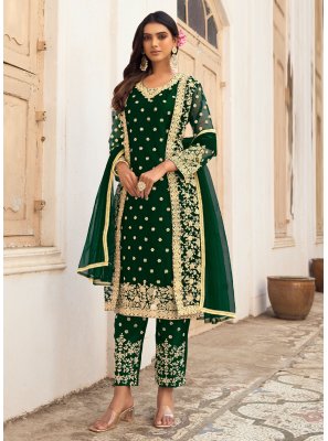 Net Embroidered Jacket Style Salwar Kameez in Green
