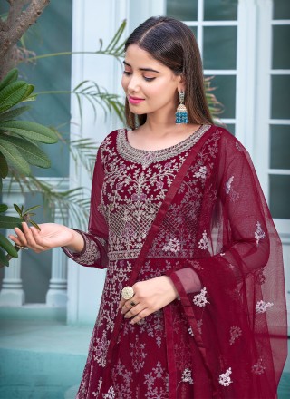 Net Embroidered Maroon Designer Salwar Kameez