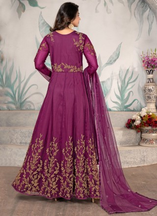 Net Embroidered Purple Anarkali Suit