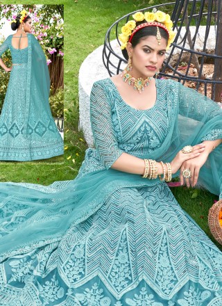 Net Embroidered Trendy Lehenga Choli in Turquoise