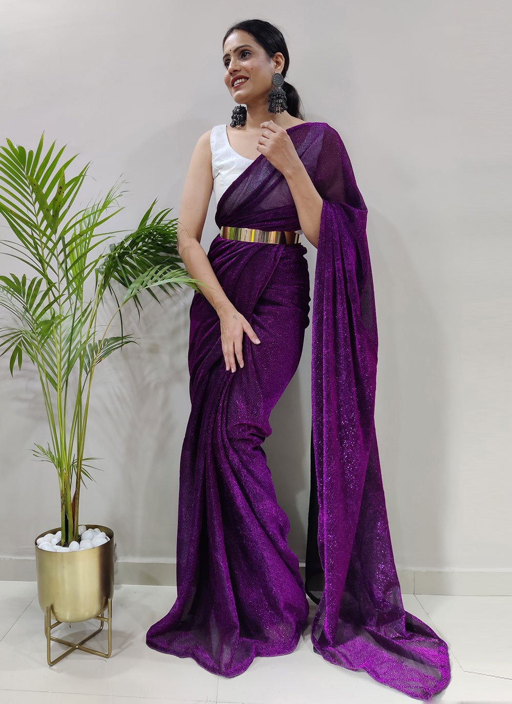 Pearl Embellished Royal Chiffon Violet Saree | Plain chiffon saree, Purple  saree, Saree blouse designs