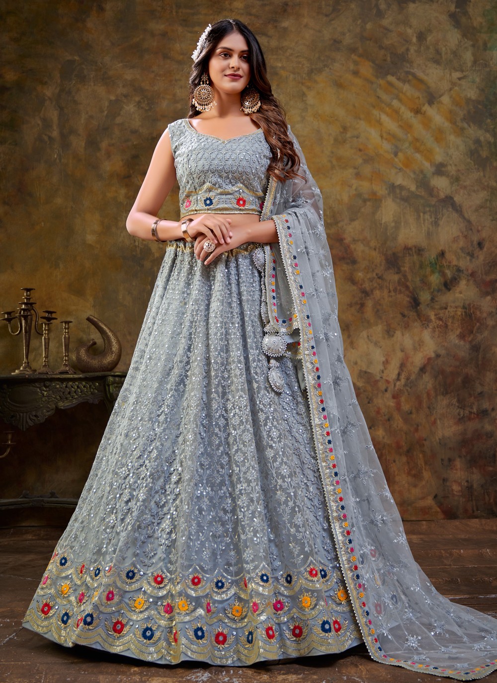 Buy Grey Floral Print Silk Lehenga Choli With Bandhani Dupatta Online At  Zeel Clothing