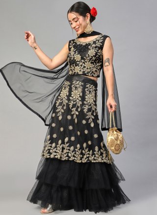 Black Lehenga Set with Multi-Coloured Thread Work and Mirror Embroidery -  Seasons India