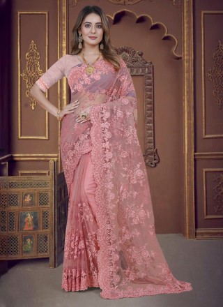 Net Moti Designer Saree in Pink