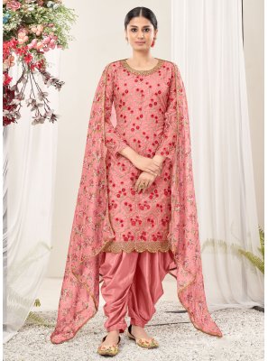 Net Pink Embroidered Patiala Salwar Suit