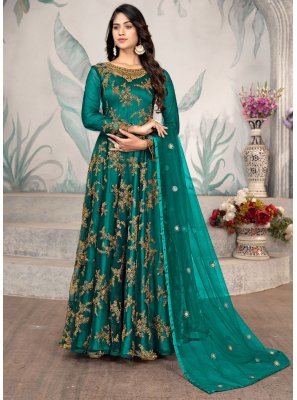 Net Rama Sequins Trendy Anarkali Salwar Kameez