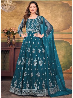 Net Resham Teal Anarkali Salwar Suit