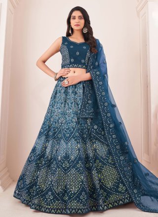 Net Sequins Designer Lehenga Choli in Blue