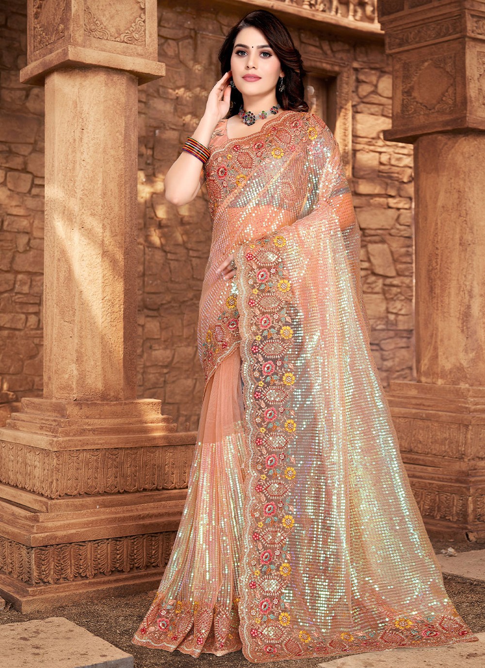 Peach Self Jacquard Georgette Sequins & Thread Work Saree With Banglor –  Mehak Boutique