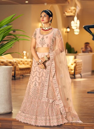 Peach Wedding Lehenga Choli with Heavy Designer Dori,Sequance Embroidery  Work Soft Net - LC4421