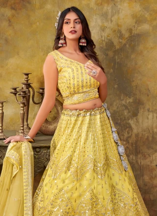 Buy Mustard Yellow Sequins Chinon Lehenga Choli Online At Zeel Clothing