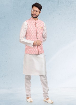 Off White and Peach Art Banarasi Silk Engagement Kurta Payjama With Jacket