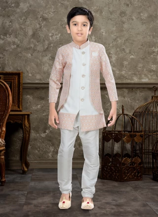 Off White and Peach Banarasi Jacquard Fancy Indo Western Sherwani