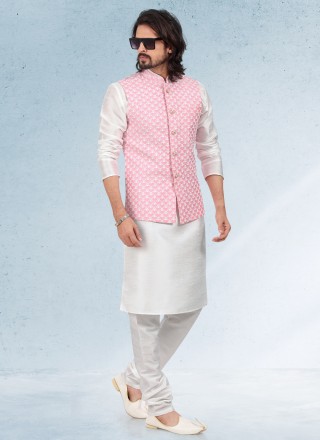 Off White and Pink Art Banarasi Silk Festival Kurta Payjama With Jacket
