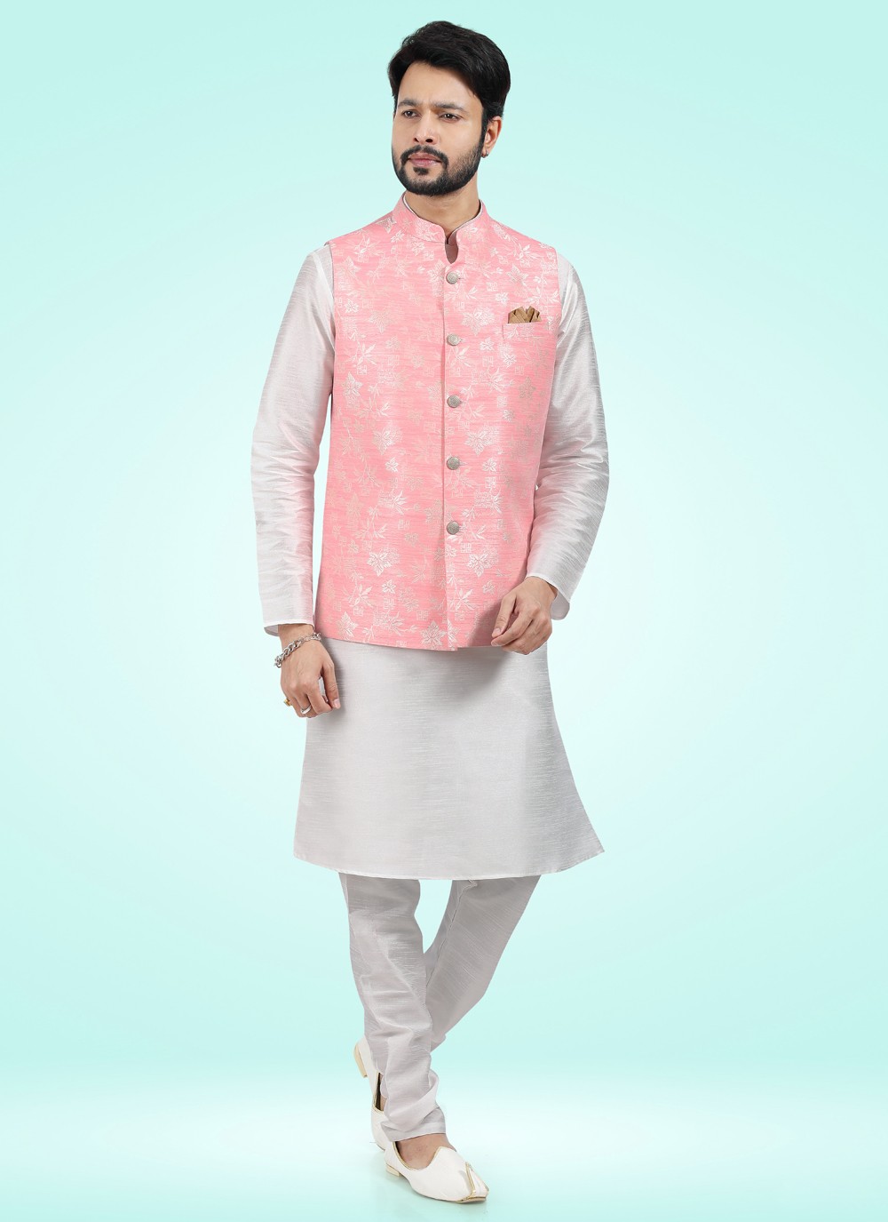 White kurta pajama hot sale with pink jacket