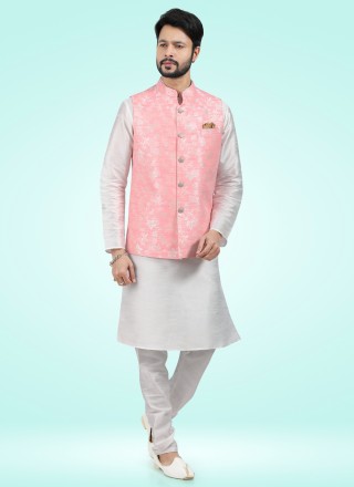 Off White and Pink Banarasi Jacquard Festival Kurta Payjama With Jacket