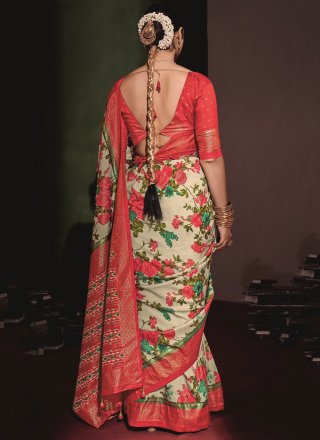 Off White and Pink Tussar Silk Print Work Classic Sari for Casual