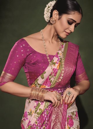 Off White and Purple Tussar Silk Classic Saree with