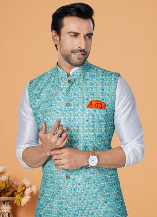 Off White and Rama Banarasi Silk Festival Kurta Payjama With Jacket