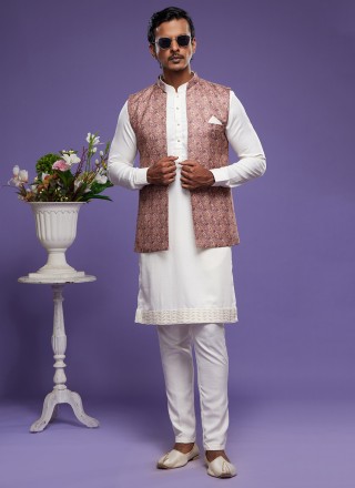 Off White and Rust Art Banarasi Silk Kurta Payjama With Jacket