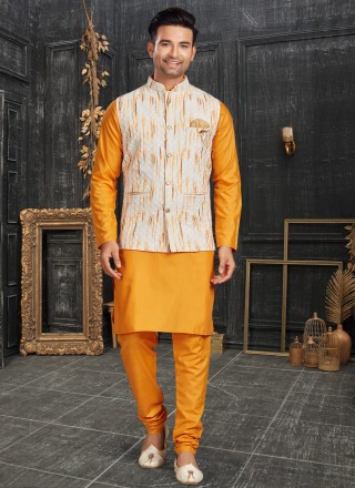 Off White and Yellow Digital Print Cotton Kurta Payjama With Jacket