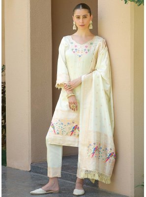 Off White Banarasi Silk Pant Style Suit