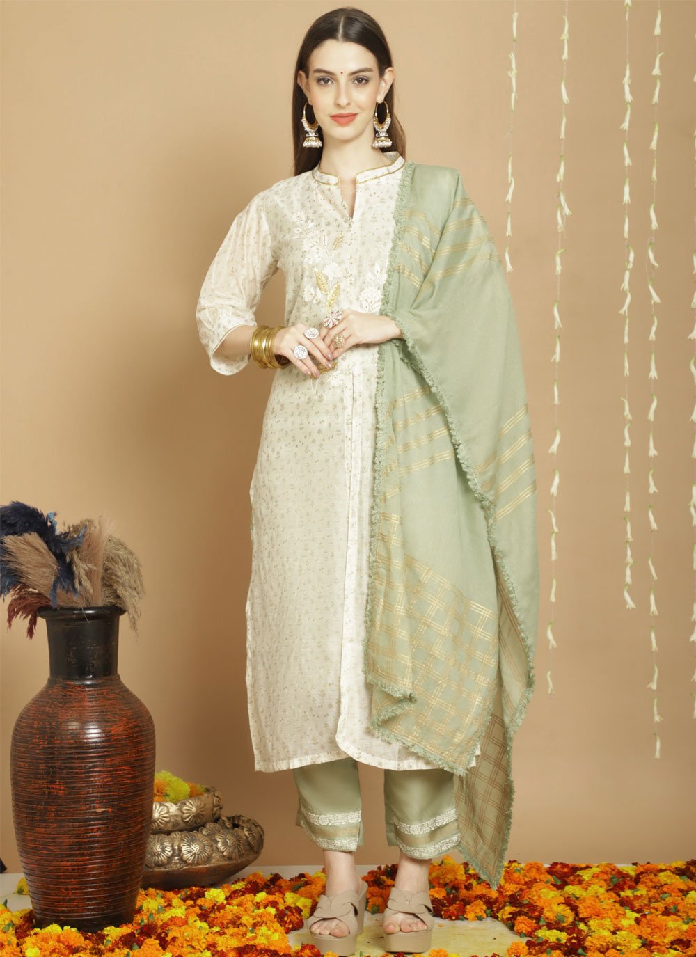Off White Chanderi Silk Salwar Suit with Embroidered Work for Women
