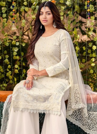 Off White Faux Georgette Long Length Salwar Kameez