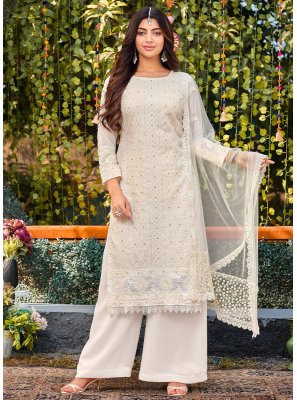 Off White Faux Georgette Long Length Salwar Kameez