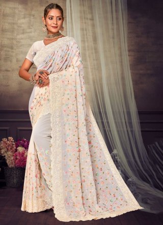 Off White Georgette Embroidered Work Designer Sari for Festival