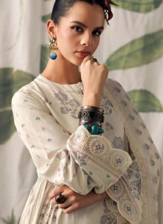 Off White Muslin Salwar Suit with Digital Print and Embroidered Work for Women