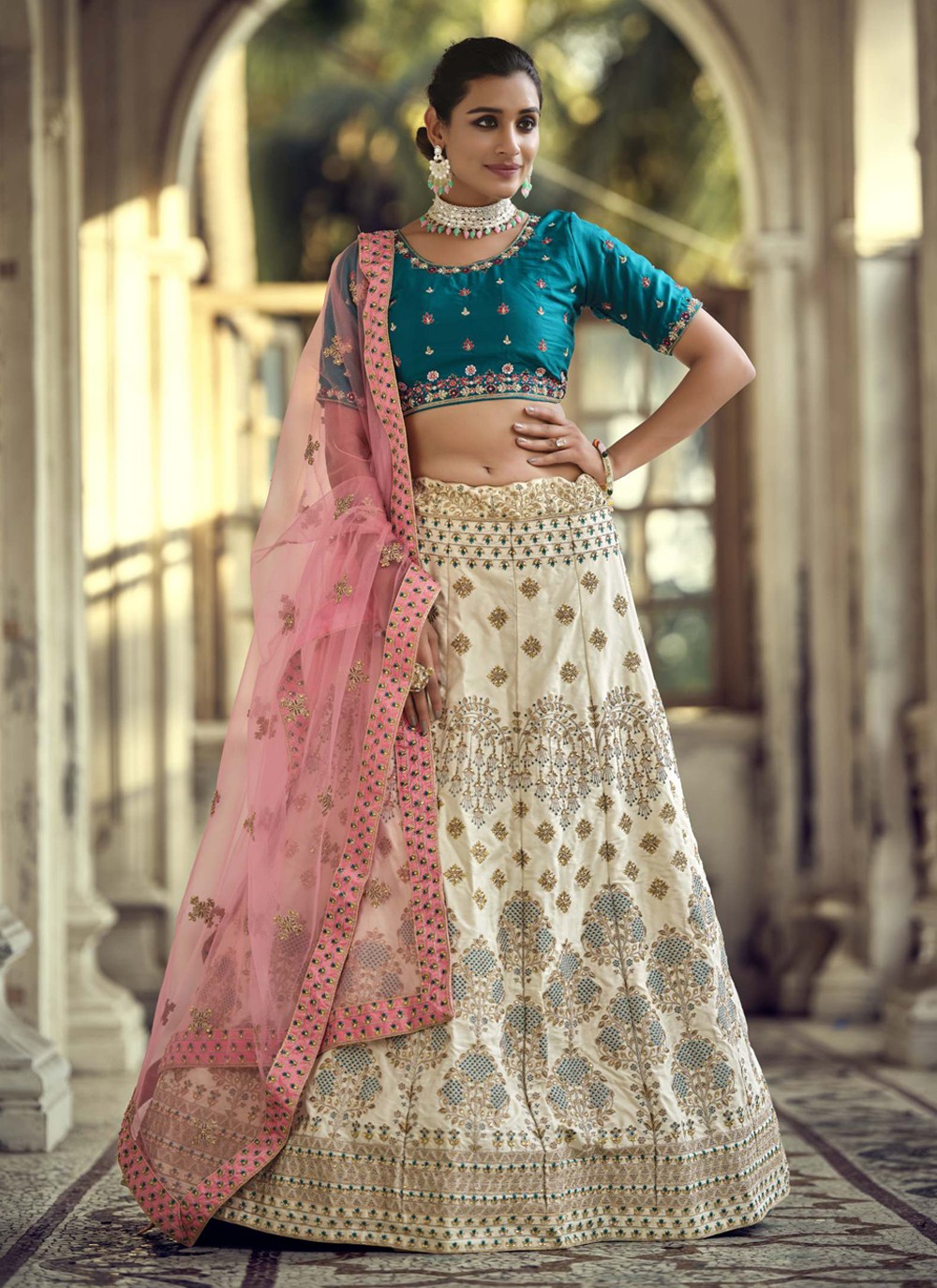 White And Pink Color Embroidery Work Lehenga Choli With Geor