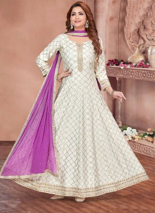 Off White Embroidered Anarkali Suit In Georgette 4542SL01