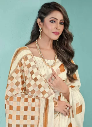 Off White Silk Print Work Classic Saree for Ceremonial