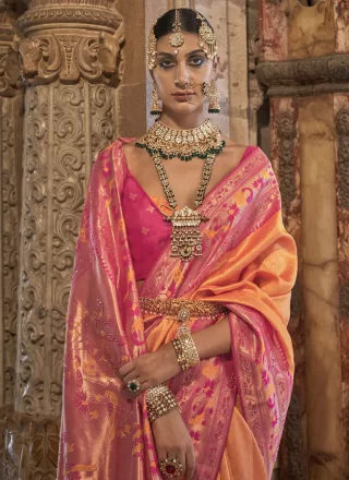 Orange and Pink Banarasi Silk Weaving Work Classic Sari for Women