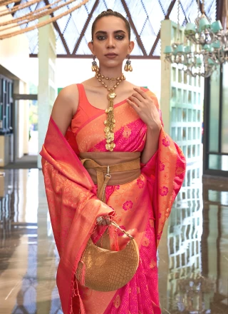 Orange and Rani Handloom silk Reception Trendy Saree