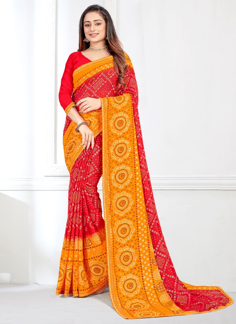 Orange and Red Festival Contemporary Style Saree