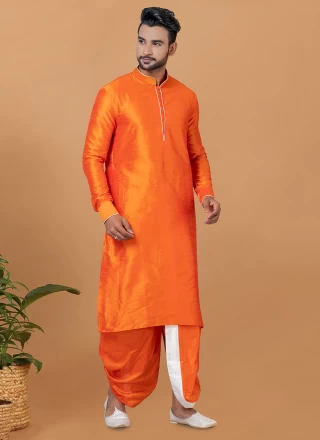 Orange Banarasi Silk Plain Dhoti Kurta