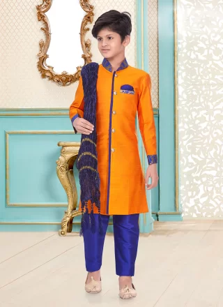 Orange Cotton Kurta Pyjama with Jacquard Work