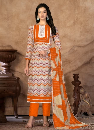 Orange Cotton Printed Trendy Salwar Suit