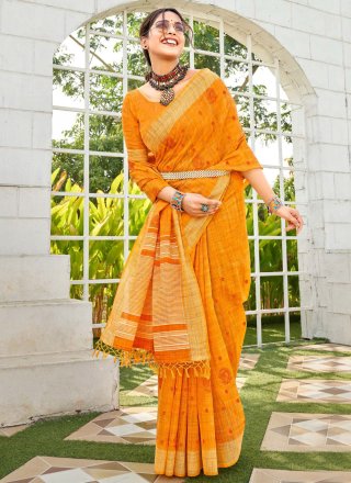 Orange Embroidered Work Cotton Classic Sari