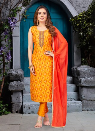 Orange Printed Silk Designer Salwar Suit