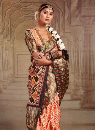 Orange Tussar Silk Print Work Classic Saree for Women