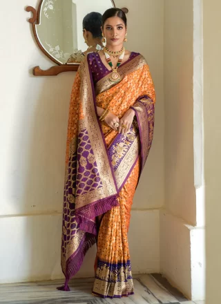 Orange Woven Work Banarasi Silk Classic Sari