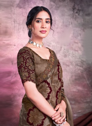 Organza Applique Contemporary Saree in Brown