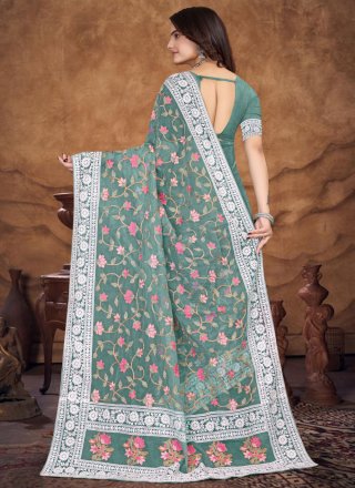Sea Green Organza Embroidered and Resham Work Classic Sari for Women